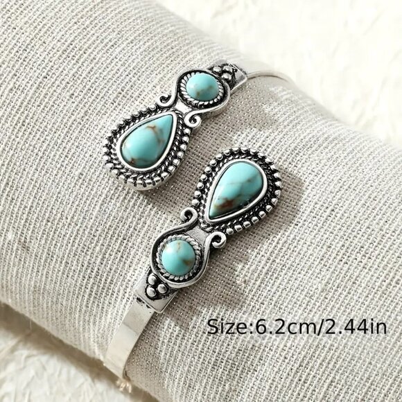 Turquoise Bracelet Bangle Cuff Boho Native Silver Trendy Stylish Adjustable NEW - Picture 2 of 2